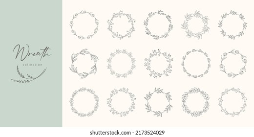 Floral wreaths. Hand drawn line branches, leaves, flowers, wedding herb. Botanical rustic, wedding design concept. Vector illustration.