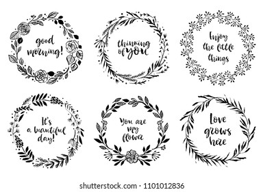 Floral wreaths with inspirational quotes. Botanical hand drawn design elements. Nature vector illustration.