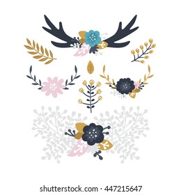 Floral wreaths and laurels with flowers, horns, gold leaf and branches. Nature elements isolated on white background, tribal, boho style.