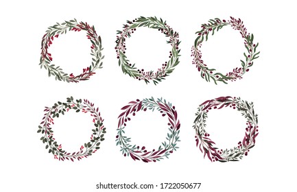 Floral Wreaths with Leafy Berry Twigs and Branches Vector Set