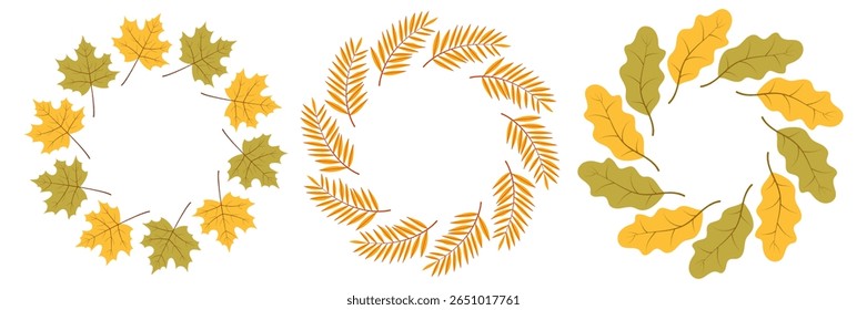 Floral wreaths made of autumn leaves in various shapes with warm colors suitable for seasonal decoration