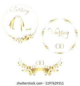 Floral wreaths, rings, wedding veil, lettering, ribbon ornament for design wedding templates isolated on white background.