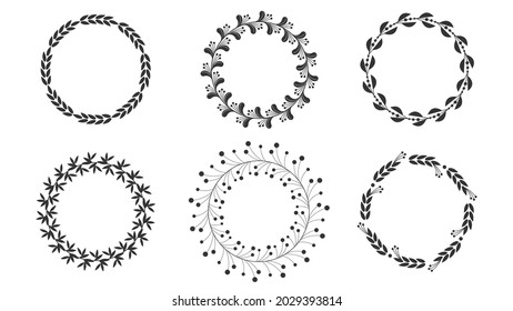 Floral wreaths, round frames set, line art boho style. Silhouettes leaves border, vector elements isolated