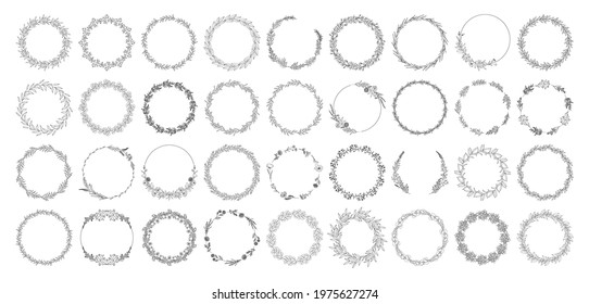 Floral wreaths set, black outline, isolated on white. Botanical frames of wild herbs, flowers, leaves, branches for design projects, wedding decoration. Sketches garlands. Vector illustration.