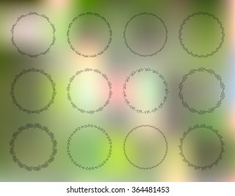 Floral wreaths set. Hand drawn design elements for tag, label, badge, wreath, logo, greeting card. Green blurred background.