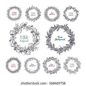 floral wreaths set. hand drawn frames collection.