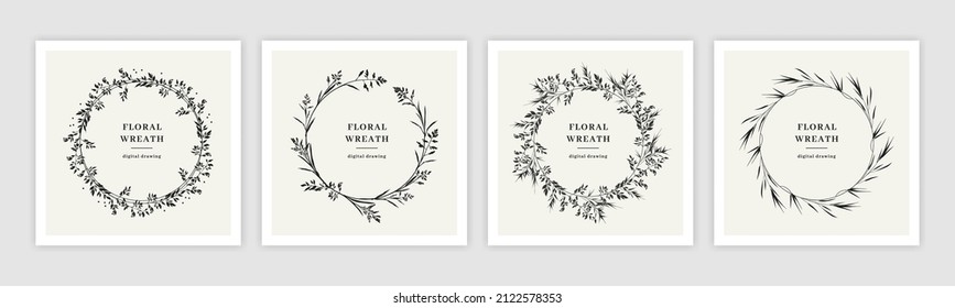 Floral Wreaths Set, Hand-drawn floral frames, Circle monograms. Elegant frame for invitation, wedding decor or birthday cards. Vector illustration