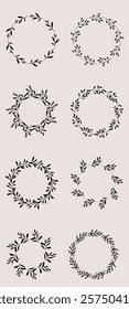 Floral Wreaths Set. Trendy floral frames with leaves and branches silhouette. Hand drawn silhouettes of branches. Botanical Line Art. Hand drawn graphics. Elegant wedding invitations, save the date