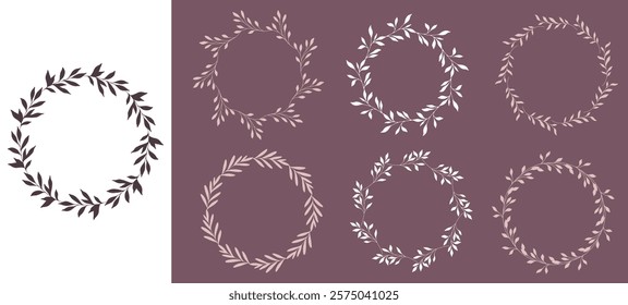 Floral Wreaths Set. Trendy floral frames with leaves and branches silhouette. Hand drawn silhouettes of branches. Botanical Line Art. Hand drawn graphics. Elegant wedding invitations, save the date