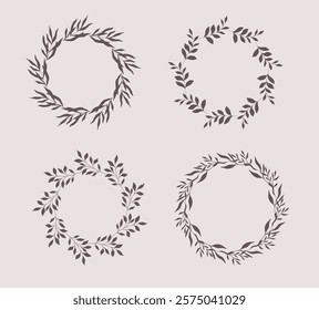 Floral Wreaths Set. Trendy floral frames with leaves and branches silhouette. Hand drawn silhouettes of branches. Botanical Line Art. Hand drawn graphics. Elegant wedding invitations, save the date