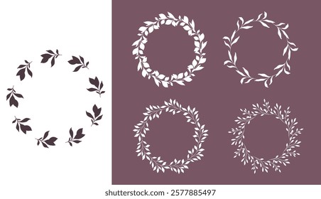 Floral Wreaths Set. Trendy floral frames with leaves and branches silhouette. Hand drawn silhouettes of branches. Botanical Line Art. Hand drawn graphics. Elegant wedding invitations, save the date