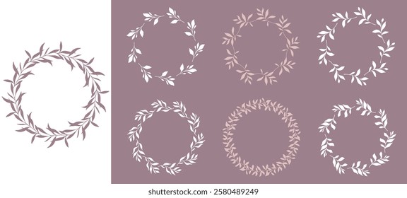 Floral Wreaths Set. Trendy floral frames with leaves and branches silhouette. Hand drawn silhouettes of branches. Botanical Line Art. Hand drawn graphics. Elegant wedding invitations, save the date