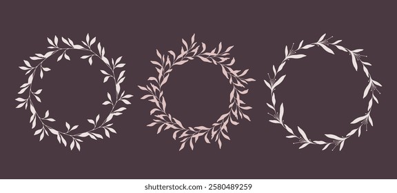 Floral Wreaths Set. Trendy floral frames with leaves and branches silhouette. Hand drawn silhouettes of branches. Botanical Line Art. Hand drawn graphics. Elegant wedding invitations, save the date