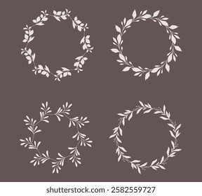 Floral Wreaths Set. Trendy floral frames with leaves and branches silhouette. Hand drawn silhouettes of branches. Botanical Line Art. Hand drawn graphics. Elegant wedding invitations, save the date