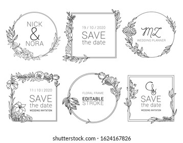 Floral wreaths with texts. Botanical hand drawn design elements. Nature vector illustration