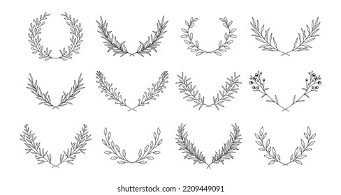 Floral wreaths vector set, line art drawing. Botanical frames of leaves, branches, isolated on white. Award, winning icons. Illustrations for design projects, wedding decoration.