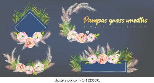 Floral wreaths with white pampas grass, palm leaves, ranunculus. for wedding invitation, card design
