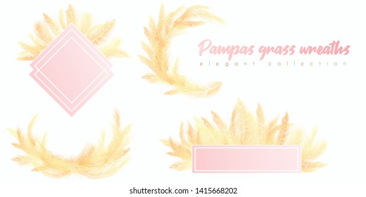 Floral Wreaths With White Pampas Grass. For Wedding Invitation, Card Design