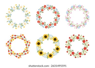 Coroas florais com flores silvestres. Conjunto de armações circulares de margaridas, papoula, rosa, girassol, plantas de prado. Borda arredondada da primavera. Elementos de desenho de flores. Ilustração de vetor plana para impressão, convite, cartão
