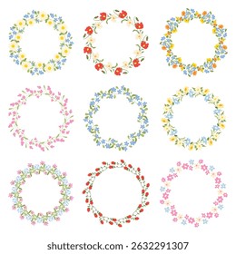Floral wreaths with wildflower. Set of circle frames of daisy, poppy, rose, sunflower, meadow plants. Spring round border. Flower design elements. Flat vector illustration for print, invitation, card