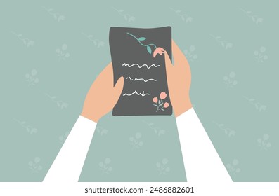 Floral written letter, hand holding postal illustration