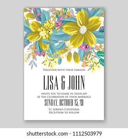 Floral yellow anemone wedding invitation vector card template printable background