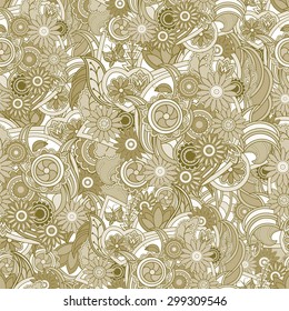 Floral yellow background. Seamless texture with flowers and greenery. Tan and yellow floral seamless texture, waves. Elegance  background, vector.