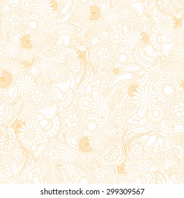 Floral yellow background. Seamless texture with flowers and greenery. Light yellow floral seamless texture, waves. Elegance  background, vector.