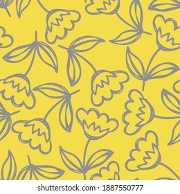 Floral yellow and gray seamless pattern. Hand drawn flowers. Vector illustration. Marker doodle sketch. Line art silhouettes. Repeat contour drawing