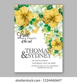 Floral yellow hibiscus wedding invitation vector printable card/ Bridal shower bouquet wreath 