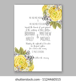 Floral yellow rose ranunculus wedding invitation vector printable card Bridal shower bouquet wreath Aloha