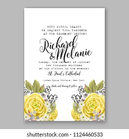 Floral yellow rose ranunculus wedding invitation vector printable card Bridal shower bouquet wreath Aloha