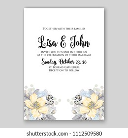 Floral yellow sakura dog-rose wedding invitation vector card template printable background