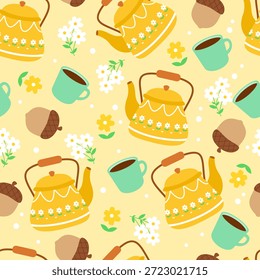 Patrón sin fisuras de la tetera amarilla floral con la decoración de la flor y de la bellota. Puede ser utilizado para el Fondo de pantalla, papel que envuelve, tela de la moda, tema de la fiesta del té