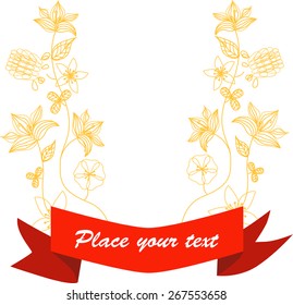 Floral yellow vector element for logo with red ribbon