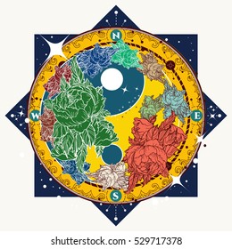 Floral Yin Yang meditative color tattoo art. Boho style, meditation symbol, philosophy, harmony. Yin and Yang sign 