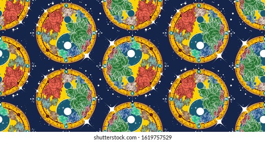 Floral Yin Yang. Seamless pattern. Packing old paper, scrapbooking style. Vintage background. Medieval manuscript, engraving art. Meditation symbol, philosophy, harmony 
