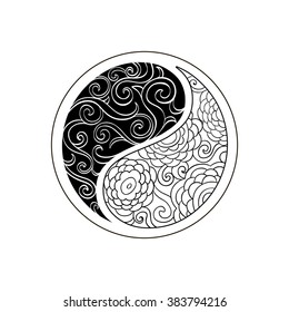 Floral Yin Yang Symbol vector illustration with chrysanthemums. Ornament  painted by hand. Scribble and curls. Zentangle mandala.