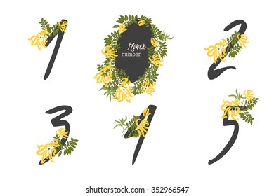 Floral  ylang-ylang collection numbers in vintage color. One, two, three, four, five - signs vector