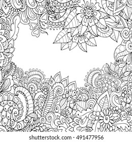 Floral zentangle frame empty in the middle. Postcard template. Adult colouring book