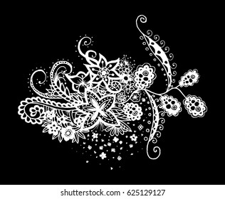 Floral Zentangle. Hand Drawn Zendoodle Scanned and Traced to Vector. Flourish Orient motif for Tattoo, Mehendy Greeting Card. White Flowers, Leaves and Branches on Black Background