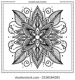 Ilustración de zentangle floral. Alto detalle del dibujo de línea. Blanco y negro. Ajuste para colorear, cubierta, fondo, elemento, cartel, Anuncio, tatuaje, pintura de la pared. Vector Eps 10.