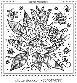 Ilustración de zentangle floral. Alto detalle del dibujo de línea. Blanco y negro. Ajuste para colorear, cubierta, fondo, elemento, cartel, Anuncio, tatuaje, pintura de la pared. Vector Eps 10.