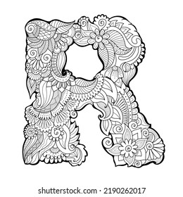 Floral Zentangle Letter R. Ar Symbol. Adult Coloring Book Style Lettering