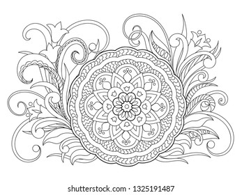 Floral zen-tangle pattern in boho style with mandala. Isolated page for tattoo, adult anti-stress coloring book, backdrop for visit and invitation card. Outline monochrome vector illustration. eps 10