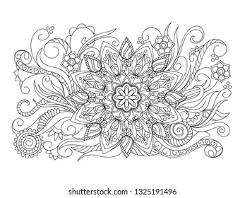 Floral zen-tangle pattern in boho style with mandala. Isolated page for tattoo, adult anti-stress coloring book, backdrop for visit and invitation card. Outline monochrome vector illustration. eps 10
