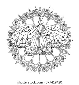 Floral zentangle rosette with butterfly, vector design, page for adult coloring book