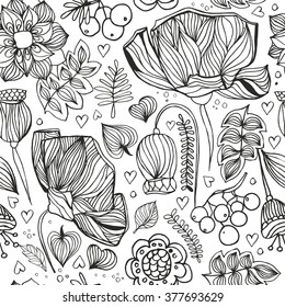 floral zentangle seamless pattern. Adult anti stress coloring page. Vector illustration with poppy, leaves and rowan