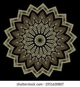 Floral zigzag mandala pattern. Ornamental background. Circular textured gold ornament. Vector modern backdrop. Decorative design with abstract golden flowers, shapes, dots. Ornate zig zag design.