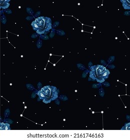 Floral zodiac constellation vector seamless pattern. Design for card, fabric, print, greeting, cloth, poster, clothes, textile.